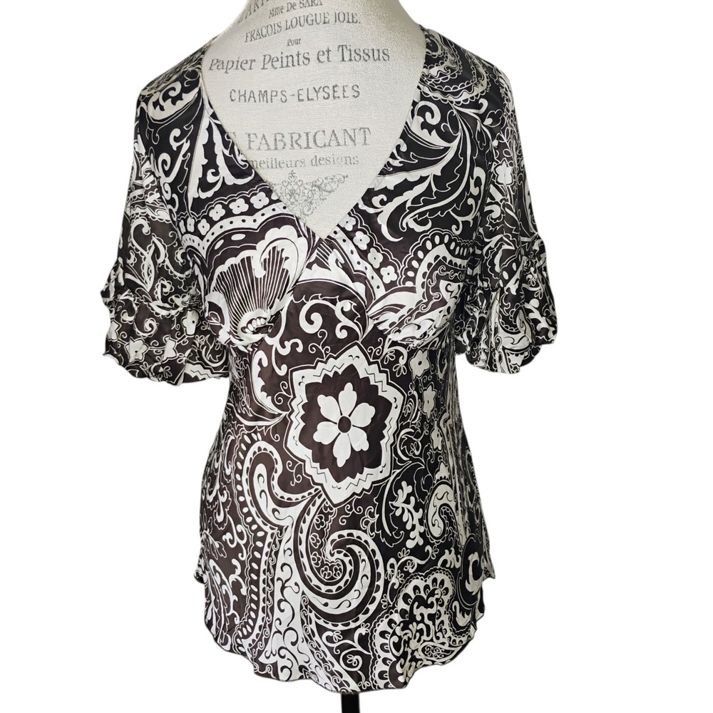 The Limited Y2K Silk Babydoll Top Womens M Brown White‎ Floral Bohemian Boho